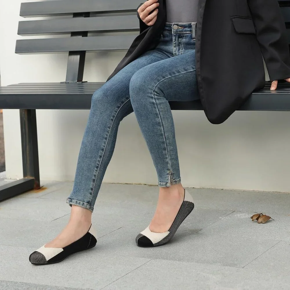 Women's Knit Ballet Black White Flats Round Toe Comfortable Dressy Casual Shoes - Picture 2 of 5